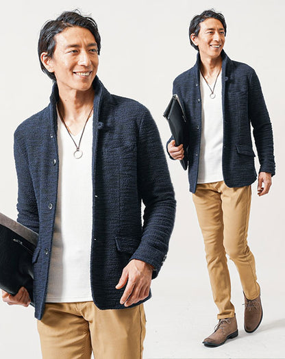 食事デート服メンズ3点コーデセット ネイビー長袖ジャケット×白Vネックスリム長袖Tシャツ×ベージュスリムテーパードチノパンツ
