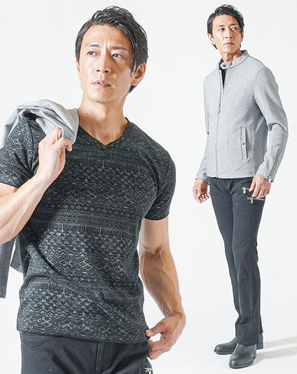 バイカーファッション・夏のちょいワルメンズ3点コーデセット グレー長袖ライダースジャケット×黒半袖Tシャツ×黒ブーツカットチノパンツ