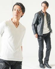 バイカーファッション・夏のちょいワルメンズ3点コーデセット 黒ライダースジャケット×白7分袖Tシャツ×黒カーゴパンツ