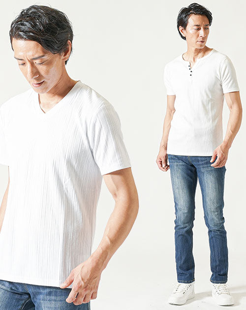 脚長ファッションメンズ3点コーデセット 白半袖VネックTシャツ×白半袖ヘンリーネックTシャツ×インディゴストレッチデニムパンツ