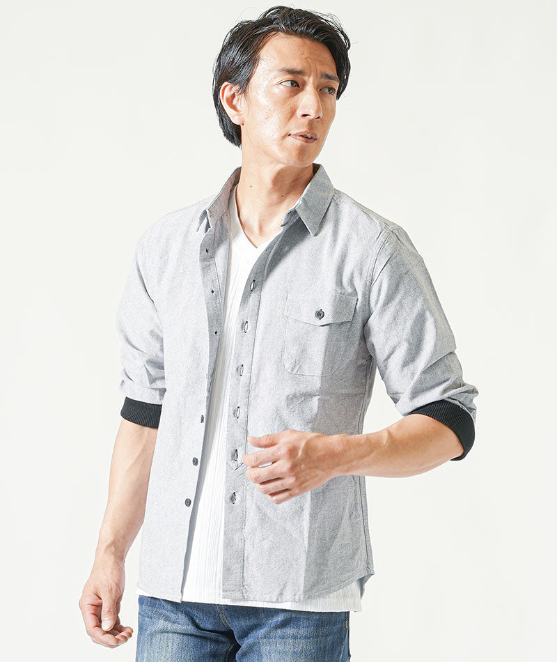 バイカーファッション・夏のちょいワルメンズ3点コーデセット グレー7分袖シャツ×白半袖Tシャツ×インディゴストレッチデニムパンツ