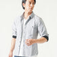 バイカーファッション・夏のちょいワルメンズ3点コーデセット グレー7分袖シャツ×白半袖Tシャツ×インディゴストレッチデニムパンツ