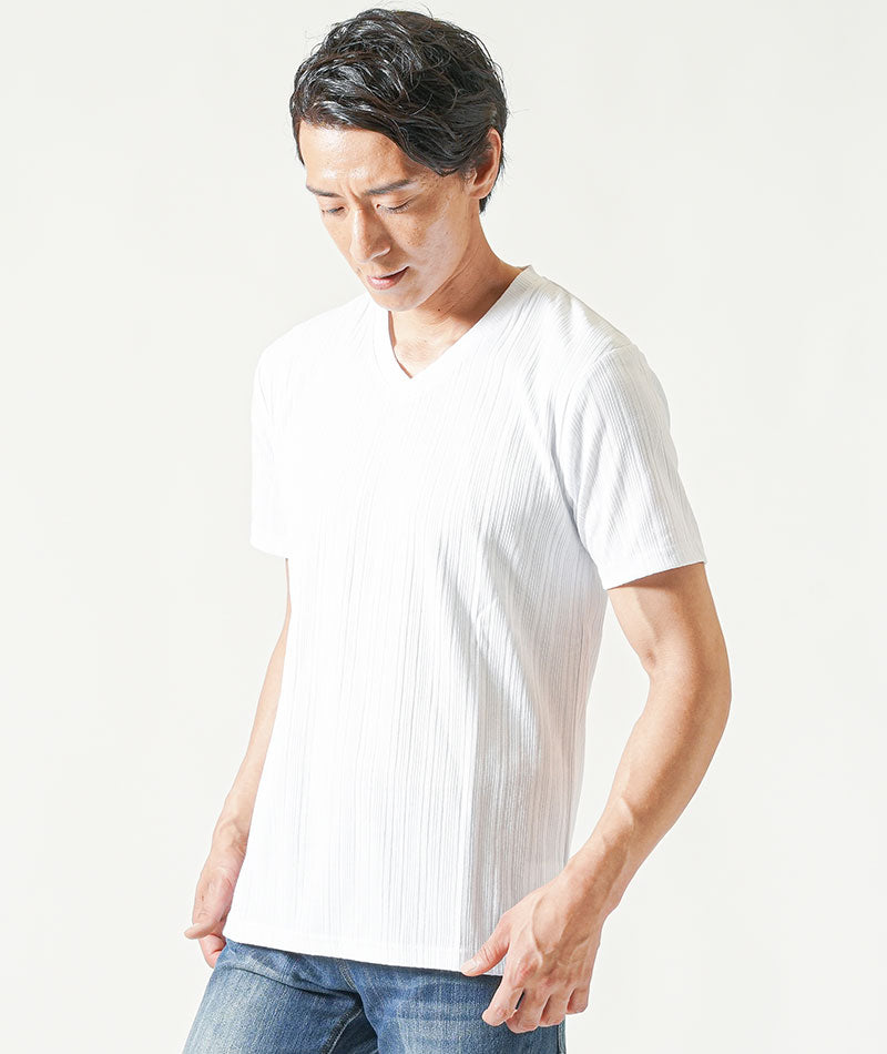 バイカーファッション・夏のちょいワルメンズ3点コーデセット グレー7分袖シャツ×白半袖Tシャツ×インディゴストレッチデニムパンツ