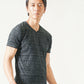 脚長ファッションメンズ3点コーデセット 黒半袖Tシャツ×黒7分袖Tシャツ×チャコールブーツカットチノパンツ