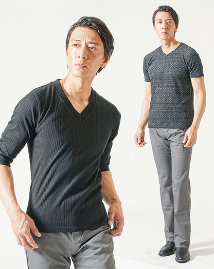 脚長ファッションメンズ3点コーデセット 黒半袖Tシャツ×黒7分袖Tシャツ×チャコールブーツカットチノパンツ