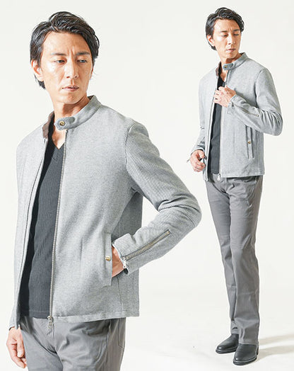 バイカーファッション・ちょいワルメンズ3点コーデセット グレーライダースジャケット×黒7分袖Tシャツ×チャコールブーツカットチノパンツ