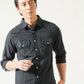 バイカーファッション・ちょいワルメンズ3点コーデセット 黒7分袖シャツ×黒半袖Tシャツ×カーキブーツカットチノパン