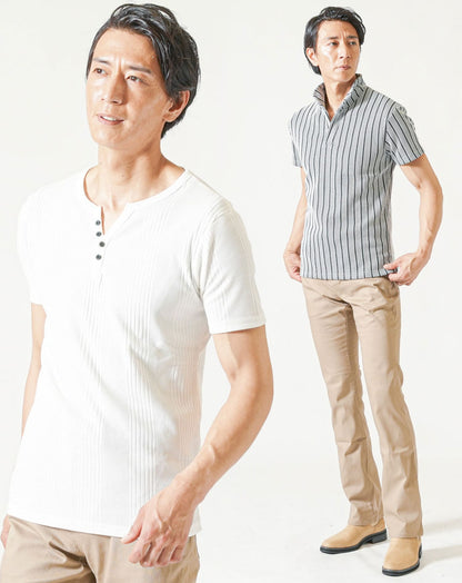 脚長ファッションメンズ3点コーデセット 白半袖ポロシャツ×白半袖ヘンリーネックTシャツ×ベージュブーツカットチノパンツ