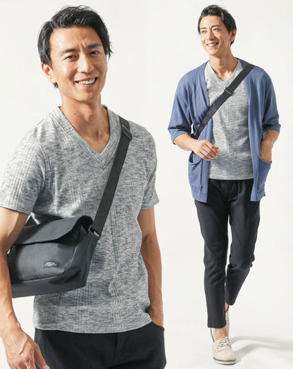 夏のメンズアウトドア服全身3点コーデセット ダークブルー5分袖カーディガン×杢黒半袖Tシャツ×黒アンクルチノパンツ