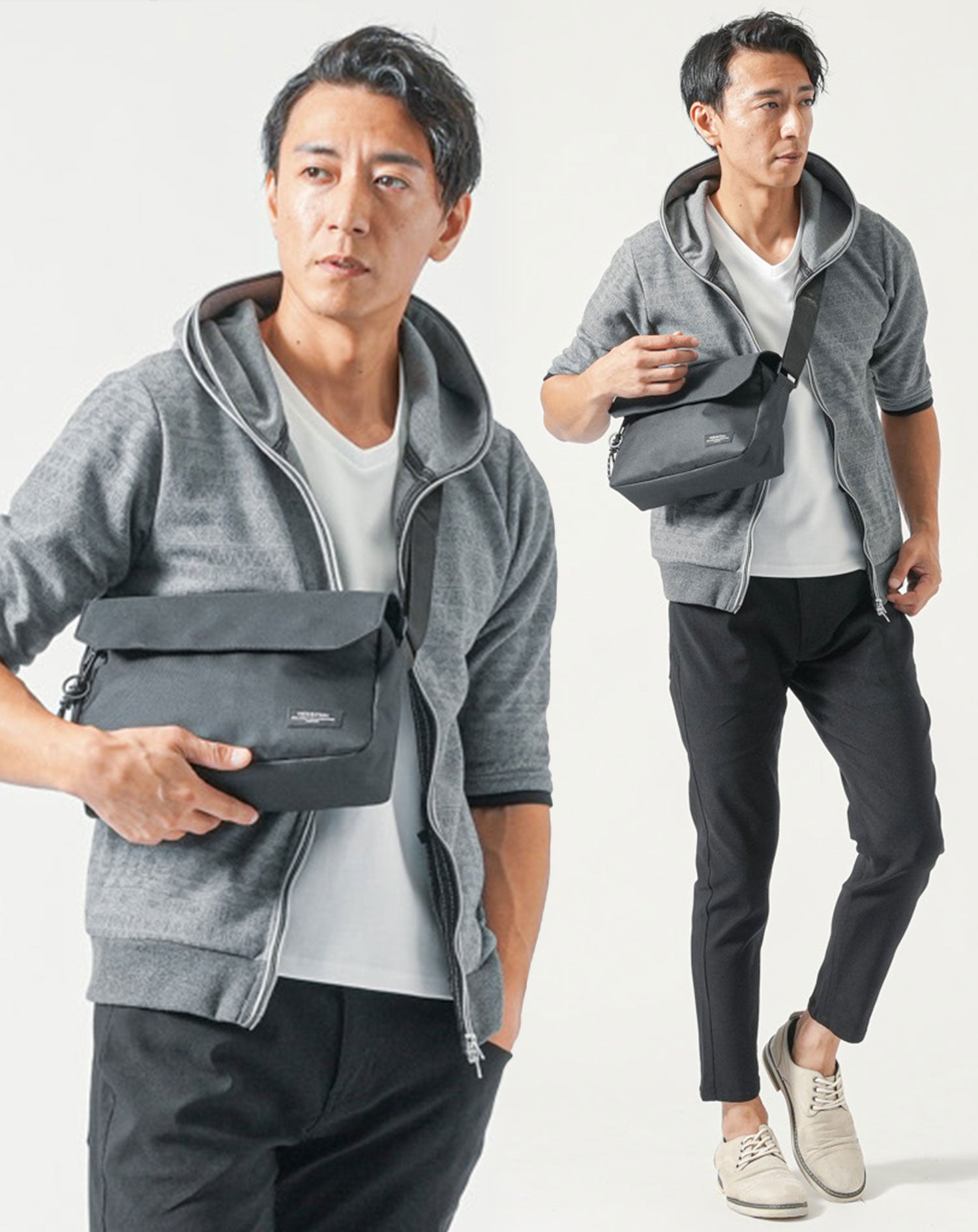 夏のスポーツ観戦服メンズ全身3点コーデセット グレー5分袖パーカー×白