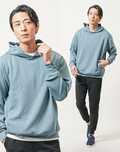 普段着スポーツファッション服メンズ3点コーデセット 長袖ブループルパーカー×白半袖Tシャツ×黒スウェットジョガーパンツ
