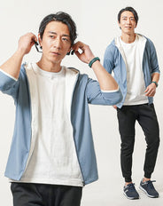 普段着スポーツファッション服メンズ3点コーデセット サックス7分袖パーカー×白半袖Tシャツ×黒スウェットジョガーパンツ