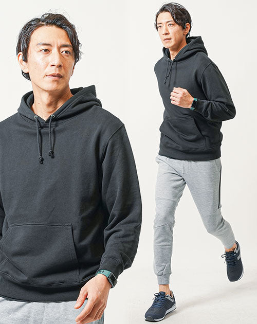 普段着スポーツファッション服メンズ3点コーデセット 黒長袖プルパーカー×黒半袖Tシャツ×グレースウェットジョガーパンツ