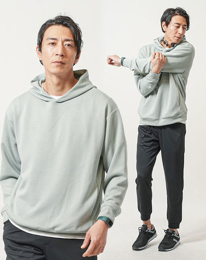 普段着スポーツファッション服メンズ3点コーデセット ミント長袖プルパーカー×白半袖Tシャツ×黒ジョガーパンツ