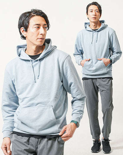 普段着スポーツファッション服メンズ3点コーデセット ブルー長袖スウェットプルパーカー×黒半袖Tシャツ×グレージョガーパンツ