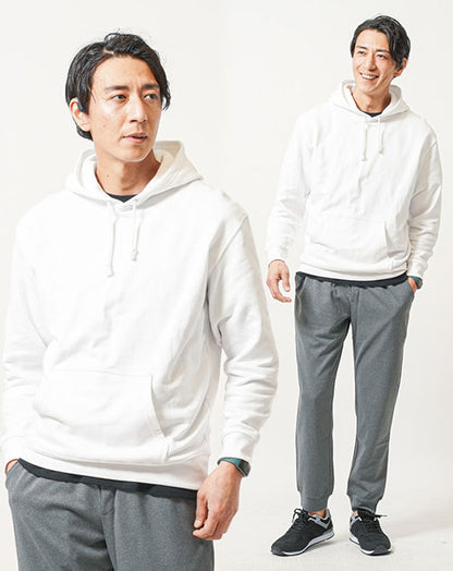 普段着スポーツファッション服メンズ3点コーデセット 白長袖プルパーカー×黒半袖Tシャツ×グレーストレッチジョガーパンツ