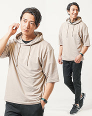 普段着スポーツファッション服メンズ3点コーデセット ベージュ5分袖プルパーカー×黒半袖Tシャツ×黒スウェットジョガーパンツ