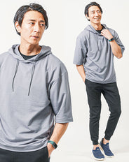 普段着スポーツファッション服メンズ3点コーデセット サックス5分袖パーカー×黒半袖Tシャツ×黒スウェットジョガーパンツ