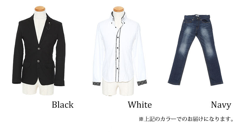 ☆アウターセット☆黒テーラードジャケット×白シャツ×デニムパンツ3点コーデセット 1