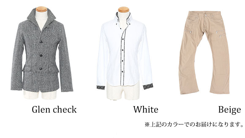 ☆アウターセット☆グレンチェックジャケット×白シャツ×ベージュパンツ3点コーデセット 13