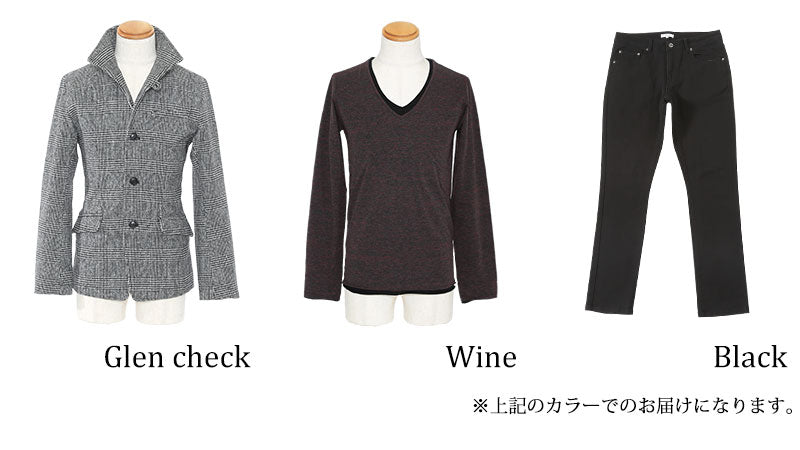 ☆アウターセット☆グレンチェックジャケット×ワインTシャツ×黒パンツ3点コーデセット 15