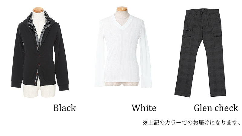 ☆アウターセット☆黒パーカー×白Tシャツ×グレンチェックパンツ3点コーデセット 8