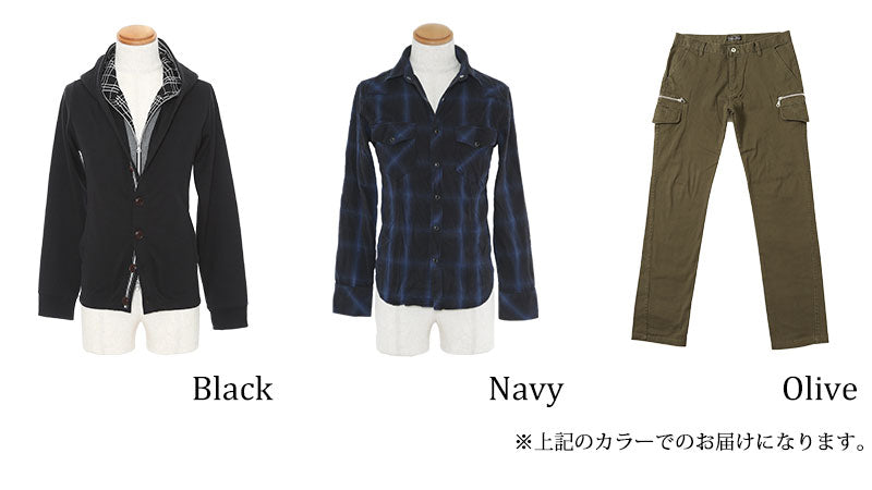 ☆アウターセット☆黒パーカー×青チェックシャツ×オリーブパンツ3点コーデセット 9