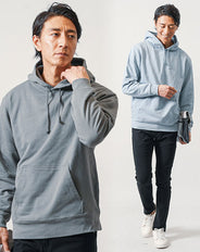 春色パーカー全身3点コーデセット ブルー長袖スウェットパーカー×グリーン長袖スウェットパーカー×黒スキニーテーパードチノパンツ