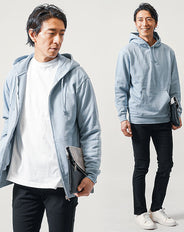 春色パーカー全身3点コーデセット ブルー長袖スウェットパーカー×ブルー長袖スウェットジップアップパーカー×黒スキニーテーパードチノパンツ