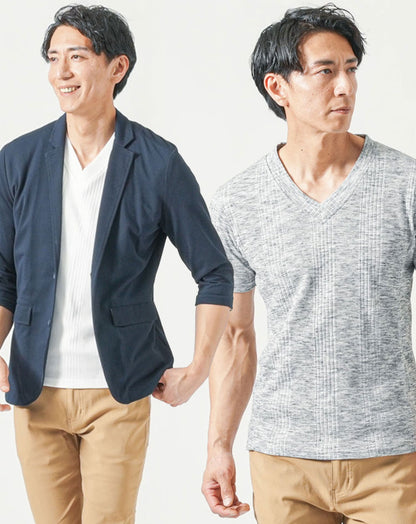 メンズ夏服トップス3点コーデセット　ネイビー7分袖テーラードジャケット×白半袖Tシャツ×杢黒半袖Tシャツ