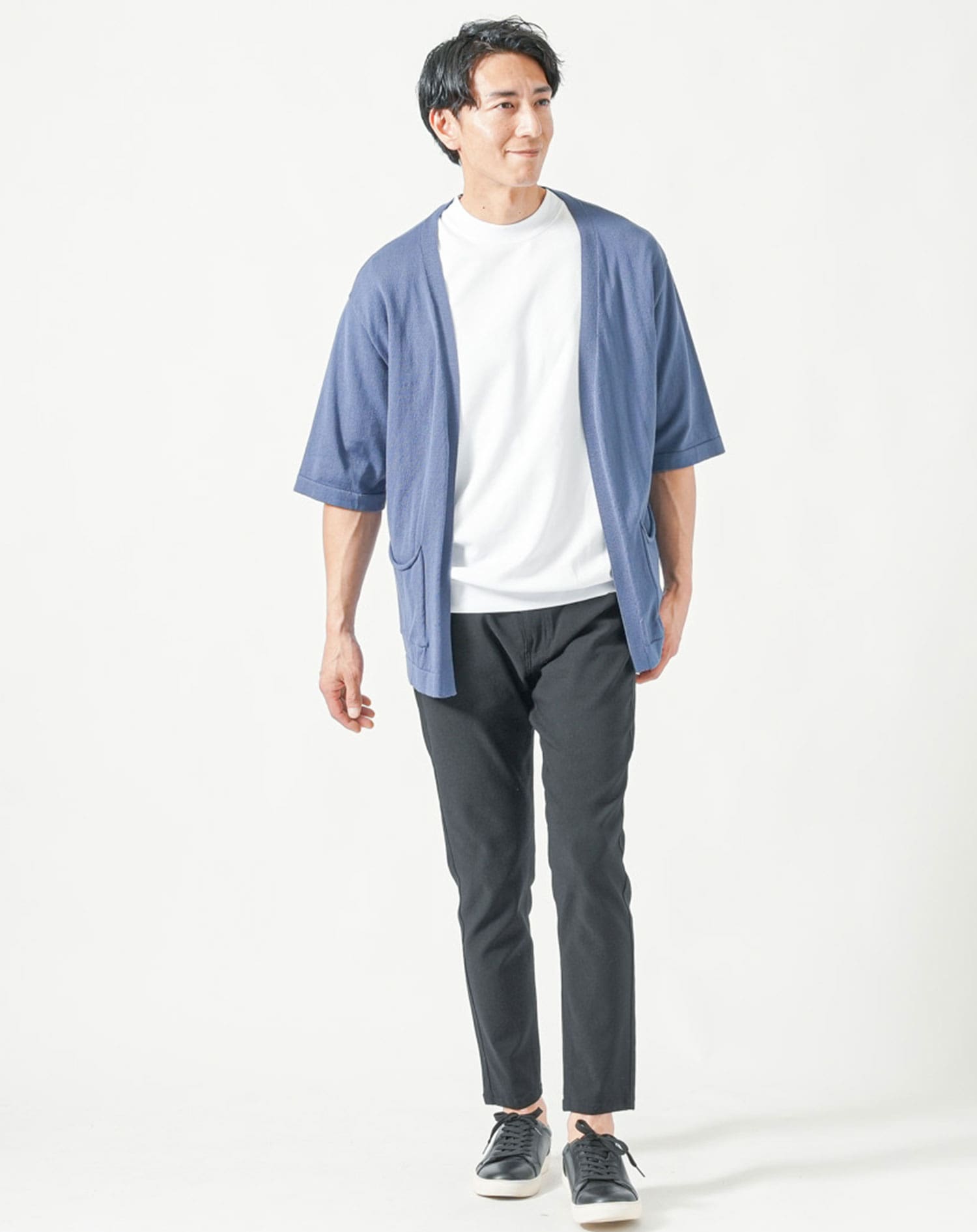 メンズ夏服トップス3点コーデセット　ブルー半袖カーディガン×白半袖Tシャツ×ダークグレー半袖Tシャツ