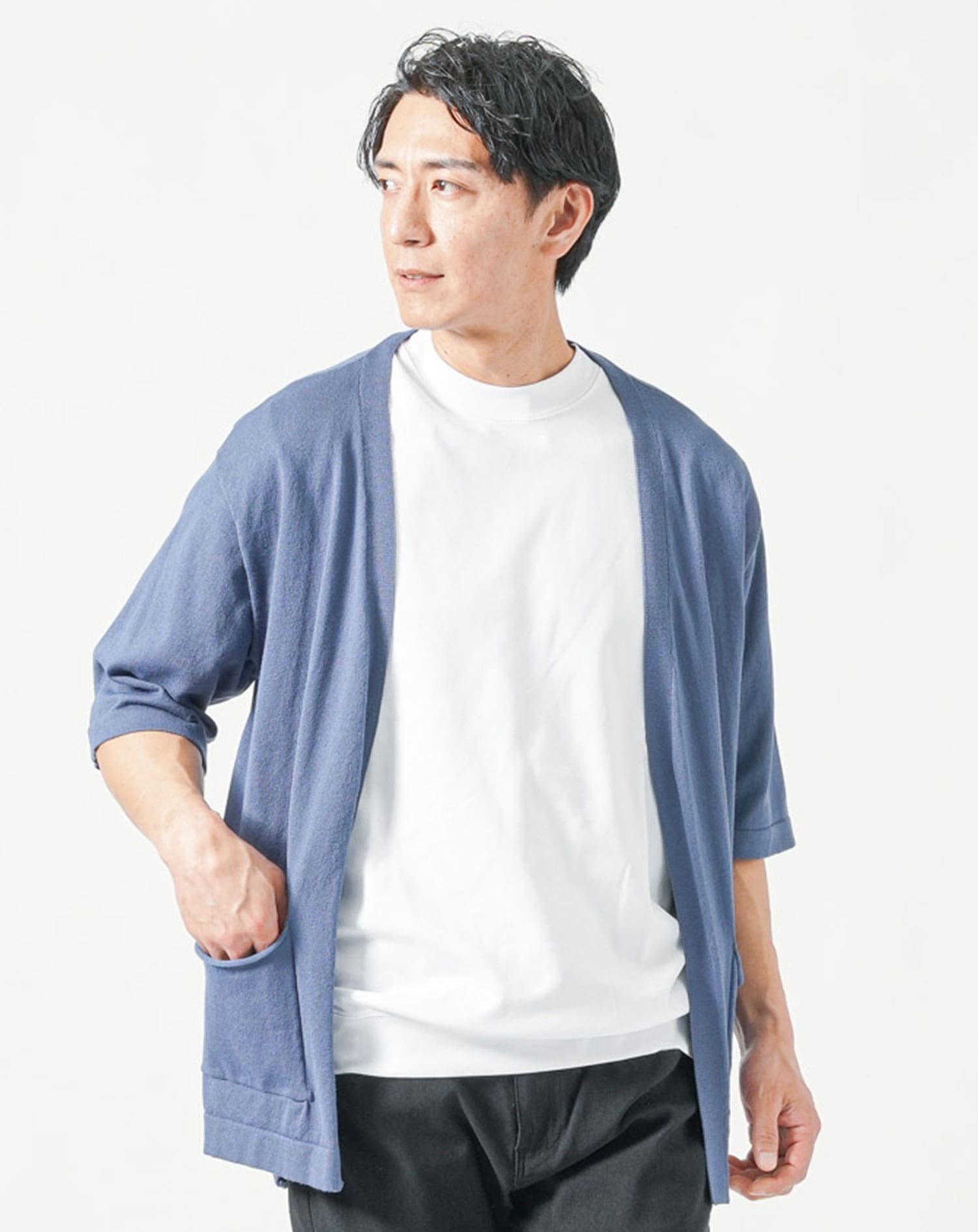 メンズ夏服トップス3点コーデセット　ダークブルー半袖カーディガン×白半袖Tシャツ×ダークグレー半袖Tシャツ