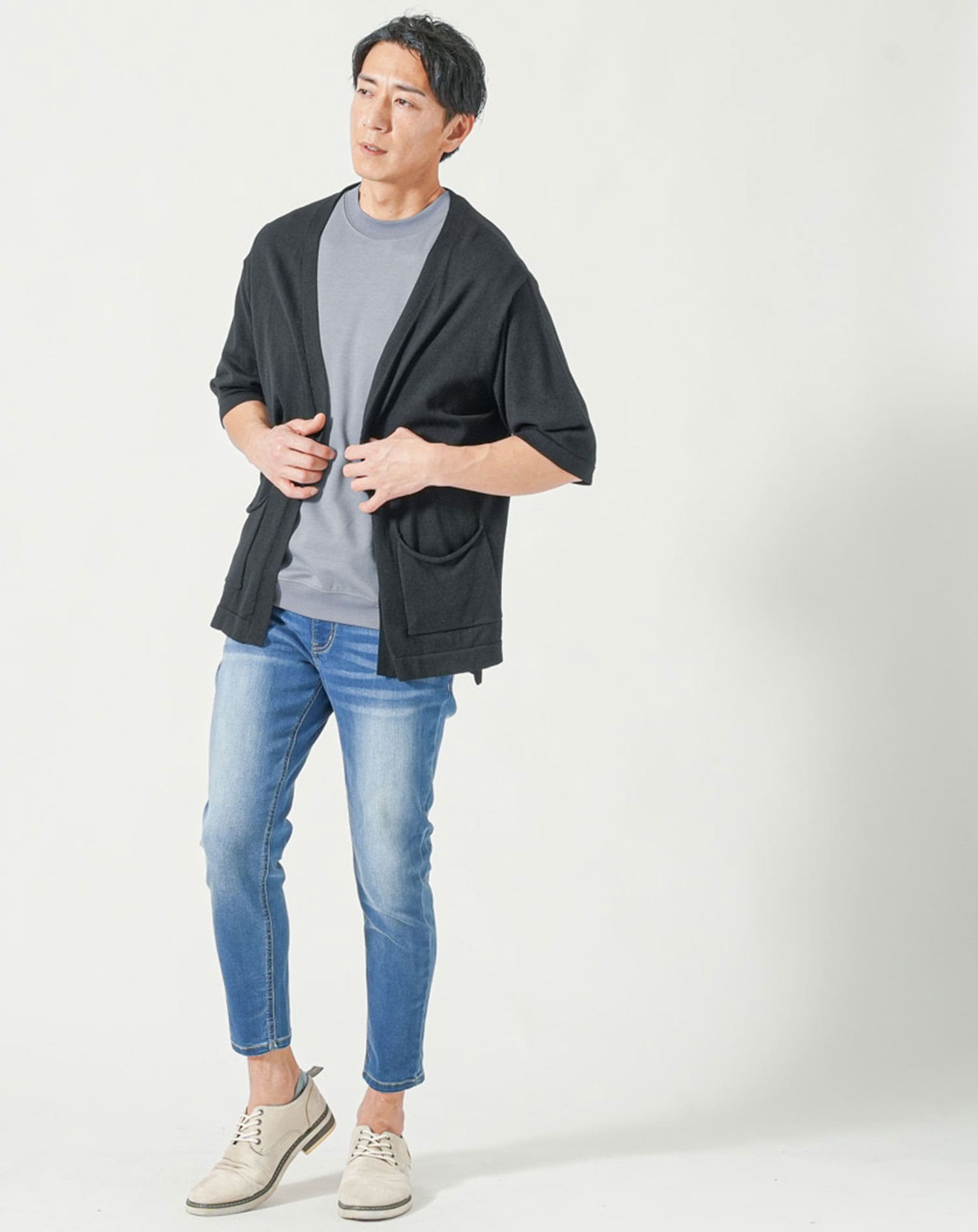 メンズ夏服トップス3点コーデセット　ダークブルー半袖カーディガン×白半袖Tシャツ×ダークグレー半袖Tシャツ