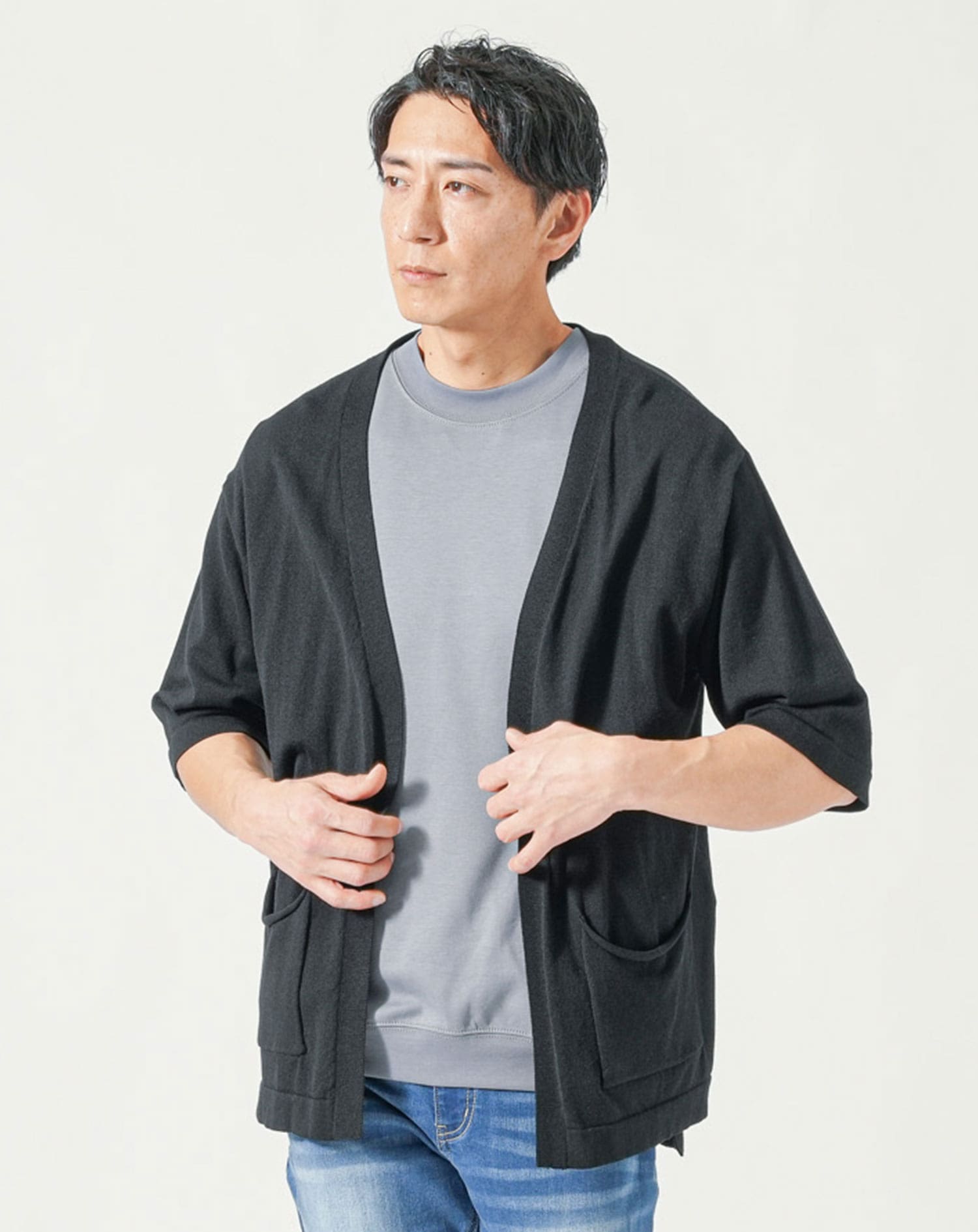 メンズ夏服トップス3点コーデセット　ダークブルー半袖カーディガン×白半袖Tシャツ×ダークグレー半袖Tシャツ