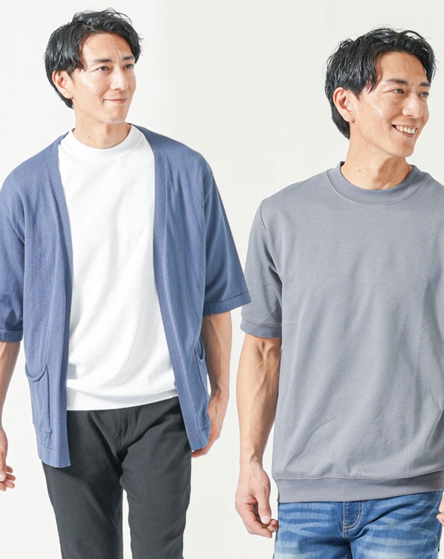 メンズ夏服トップス3点コーデセット　ブルー半袖カーディガン×白半袖Tシャツ×ダークグレー半袖Tシャツ