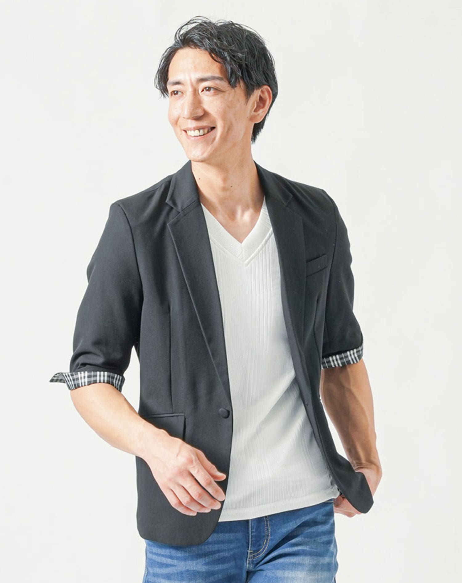 メンズ夏服トップス3点コーデセット　黒5分袖テーラードジャケット×白半袖Tシャツ×杢黒半袖Tシャツ