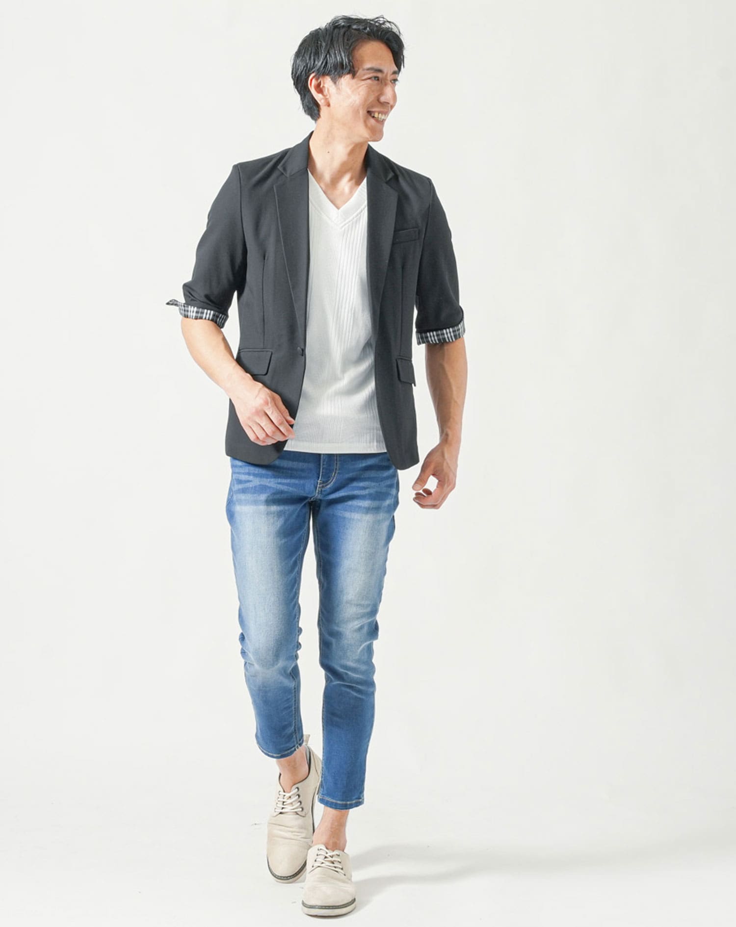 メンズ夏服トップス3点コーデセット　黒5分袖テーラードジャケット×白半袖Tシャツ×杢黒半袖Tシャツ