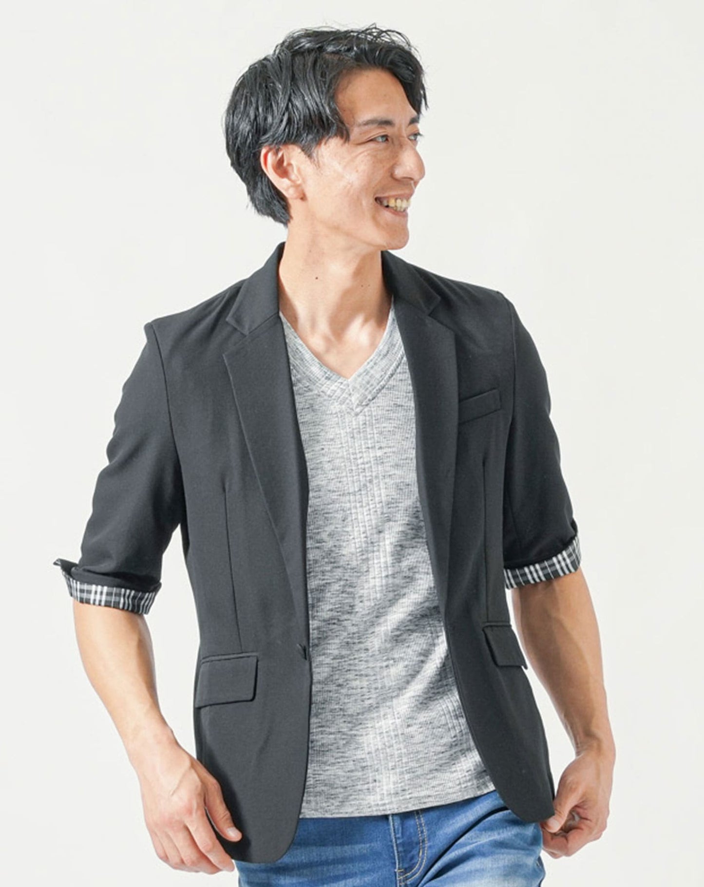 メンズ夏服トップス3点コーデセット　黒5分袖テーラードジャケット×白半袖Tシャツ×杢黒半袖Tシャツ