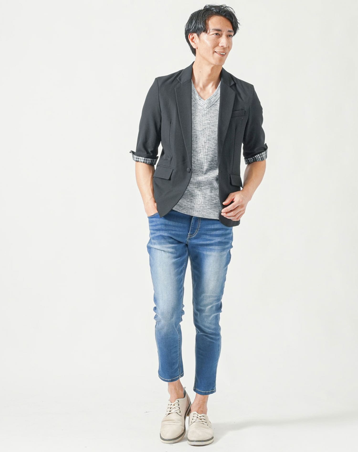 メンズ夏服トップス3点コーデセット　黒5分袖テーラードジャケット×白半袖Tシャツ×杢黒半袖Tシャツ