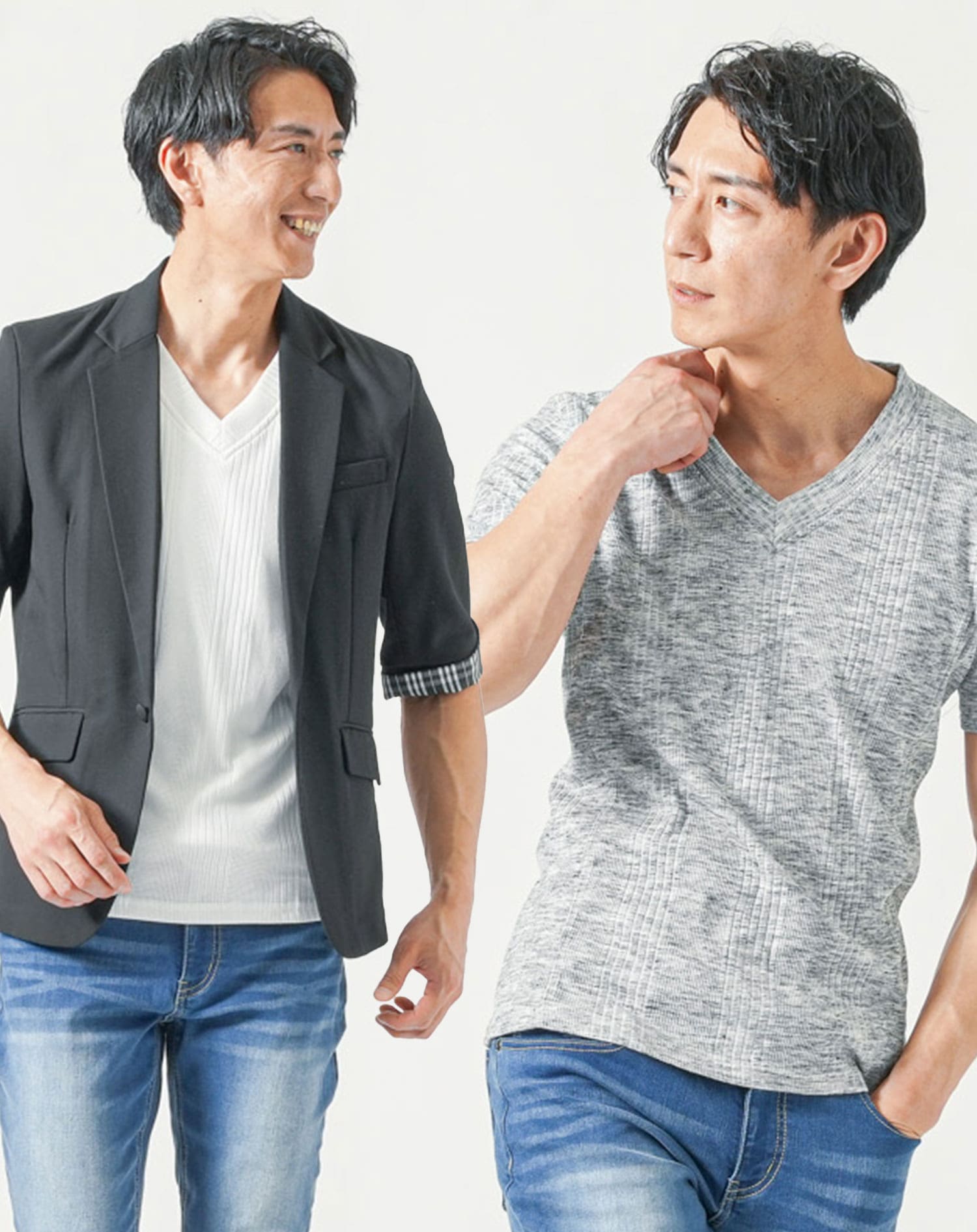 メンズ夏服トップス3点コーデセット　黒5分袖テーラードジャケット×白半袖Tシャツ×杢黒半袖Tシャツ