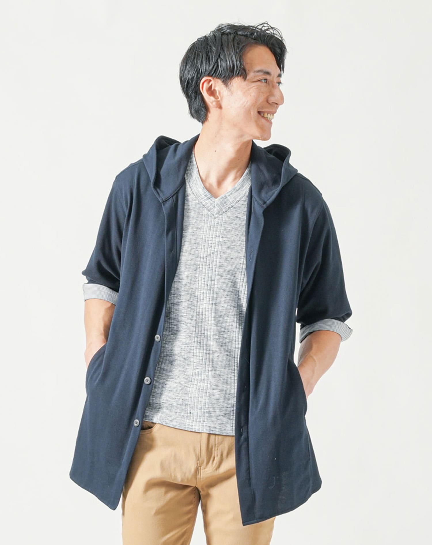 メンズ夏服トップス3点コーデセット　黒5分袖テーラードジャケット×白半袖Tシャツ×杢黒半袖Tシャツ