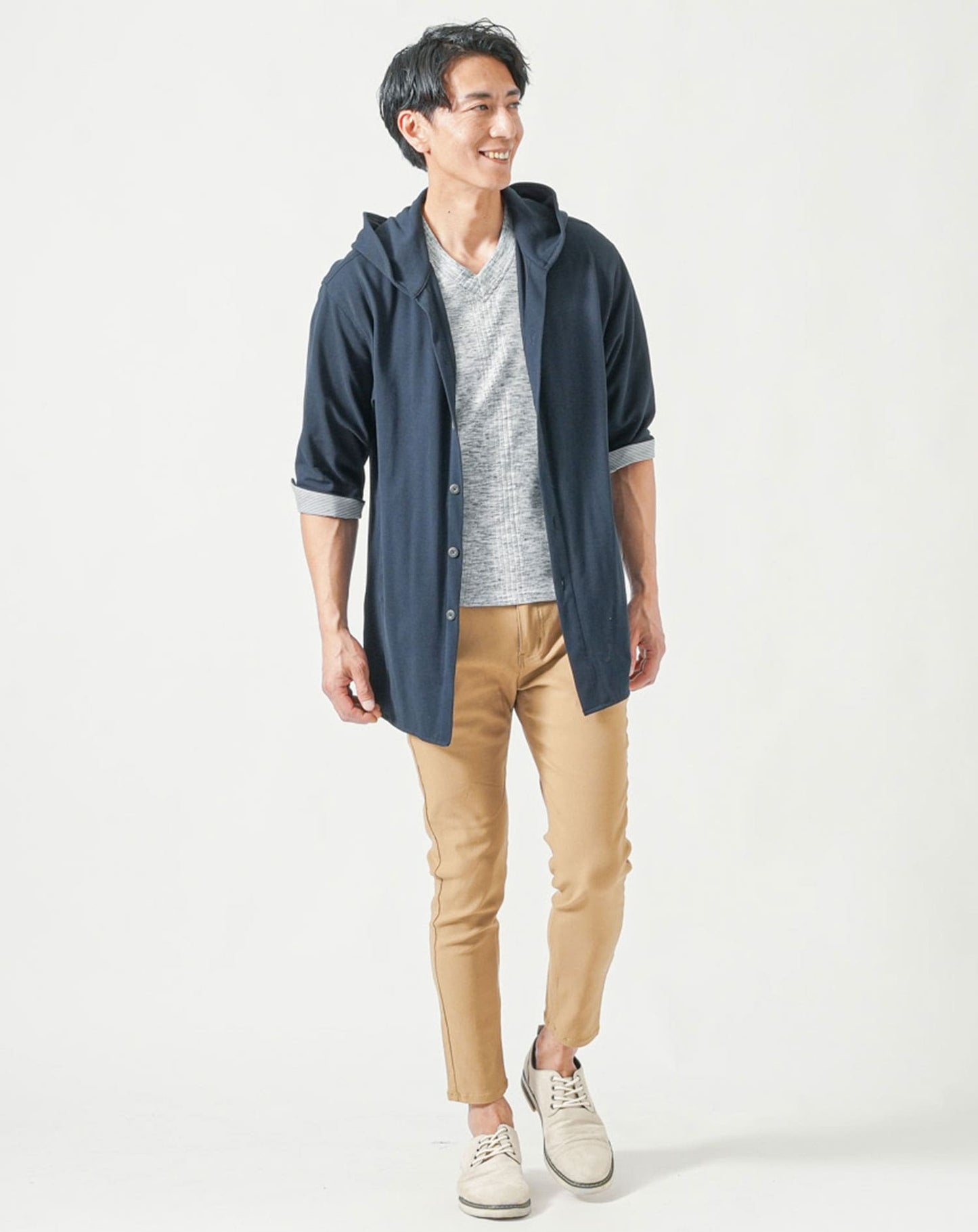 メンズ夏服トップス3点コーデセット　ネイビー7分袖シャツパーカー×白半袖Tシャツ×杢黒半袖Tシャツ