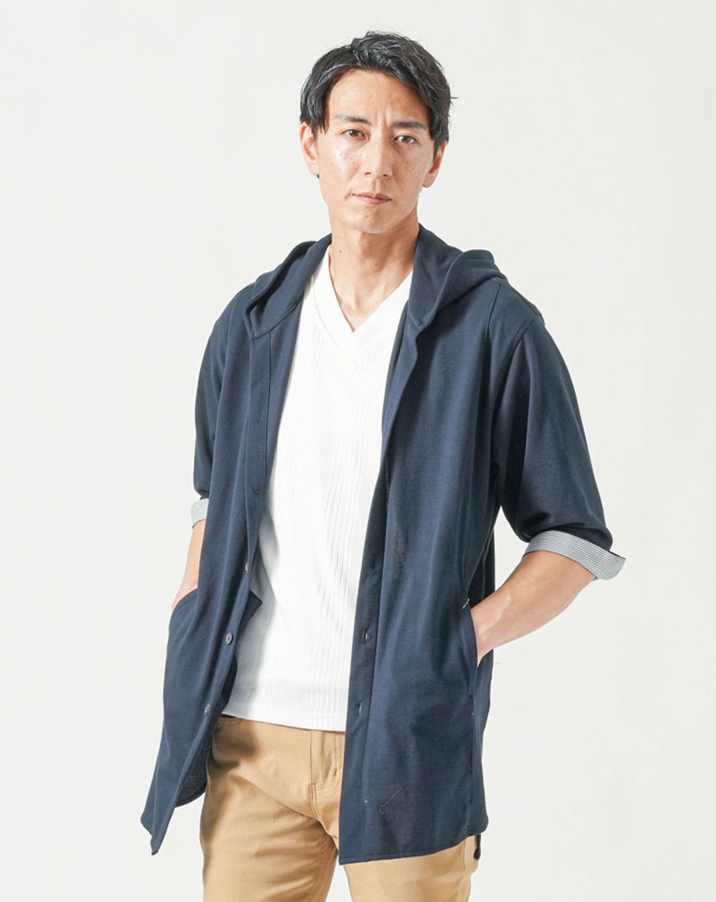 メンズ夏服トップス3点コーデセット　ネイビー7分袖シャツパーカー×白半袖Tシャツ×杢黒半袖Tシャツ