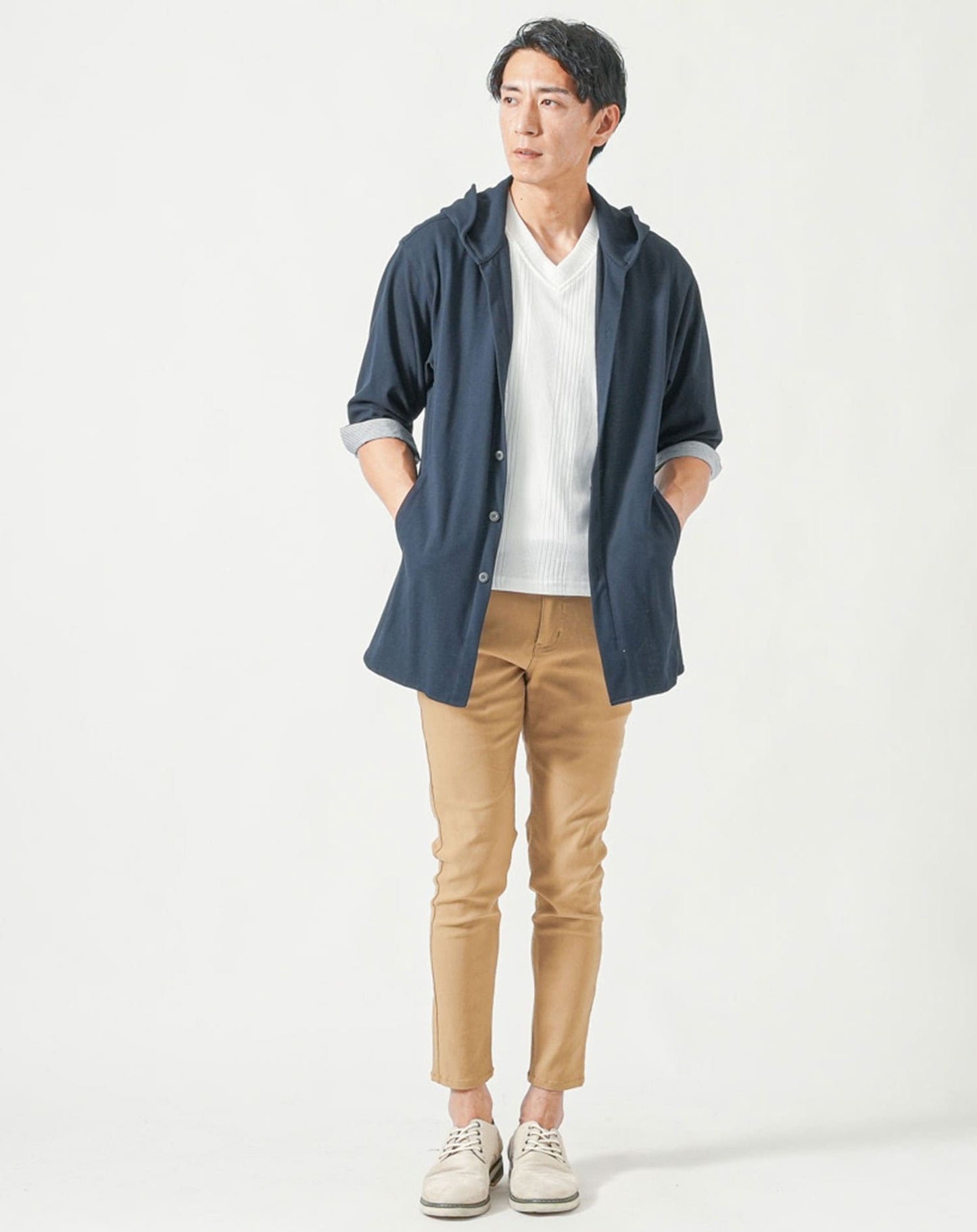 メンズ夏服トップス3点コーデセット　ネイビー7分袖シャツパーカー×白半袖Tシャツ×杢黒半袖Tシャツ