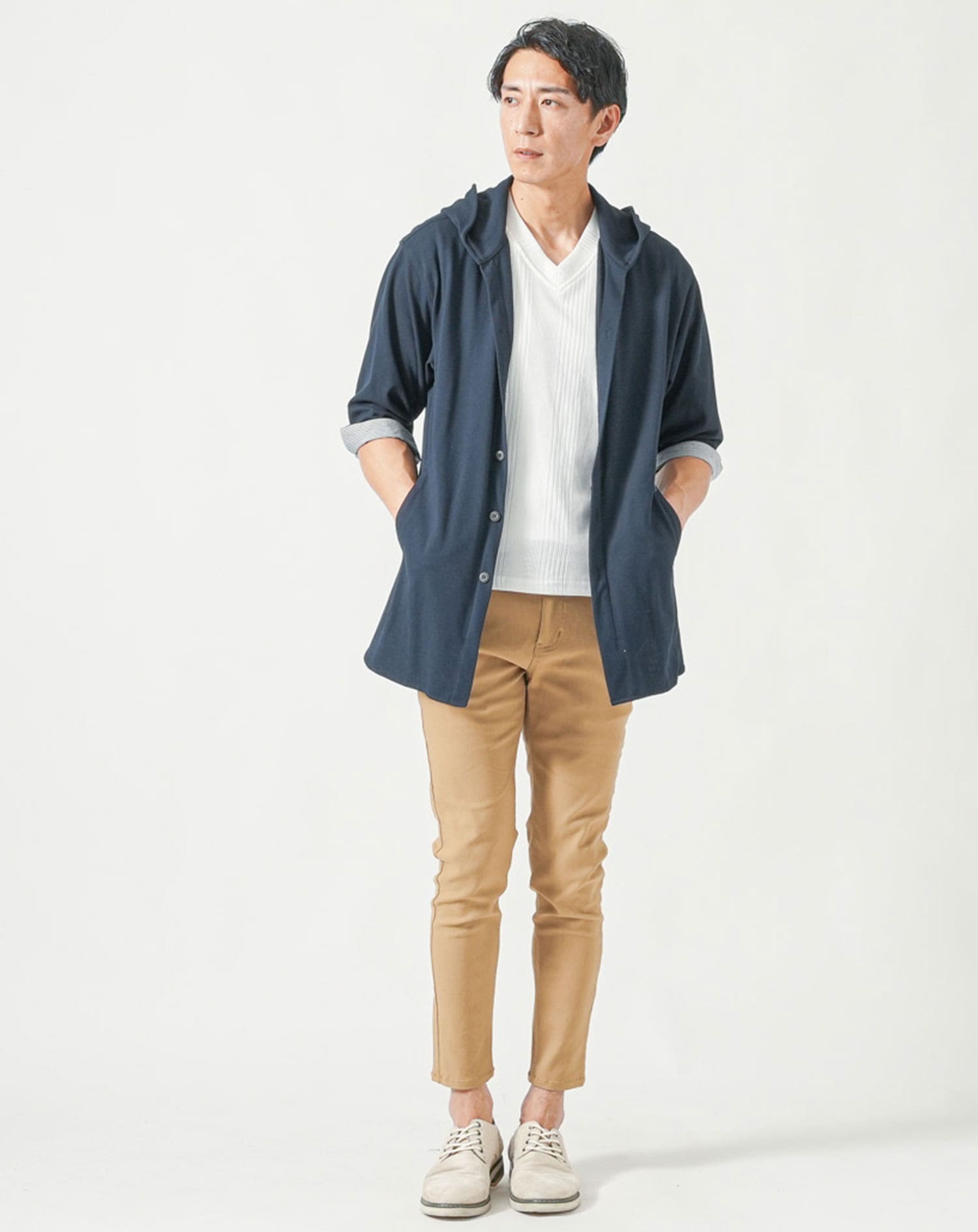 メンズ夏服トップス3点コーデセット　ネイビー7分袖シャツパーカー×白半袖Tシャツ×杢黒半袖Tシャツ