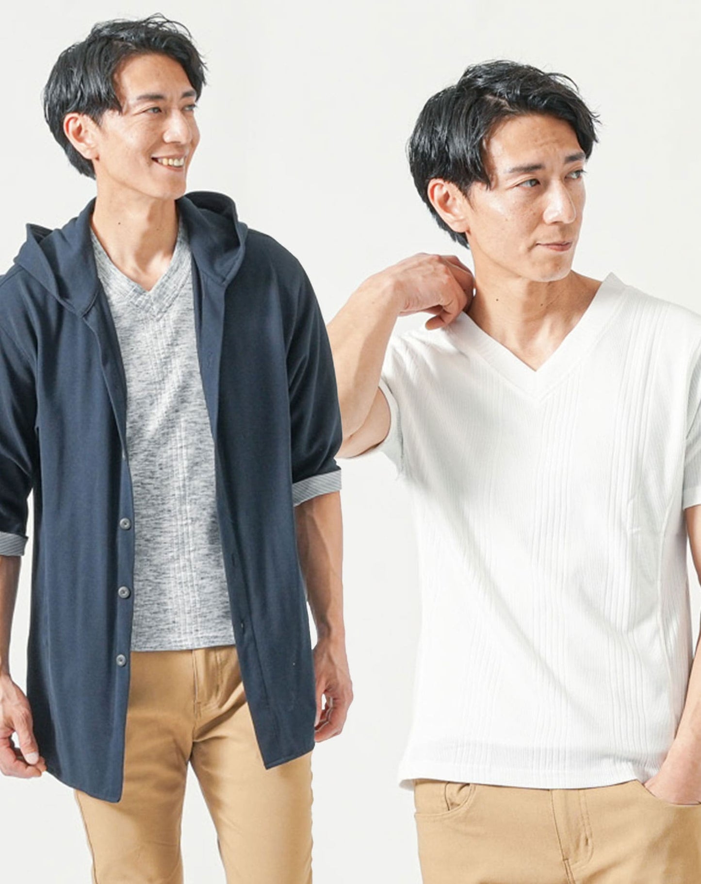 メンズ夏服トップス3点コーデセット　ネイビー7分袖シャツパーカー×白半袖Tシャツ×杢黒半袖Tシャツ