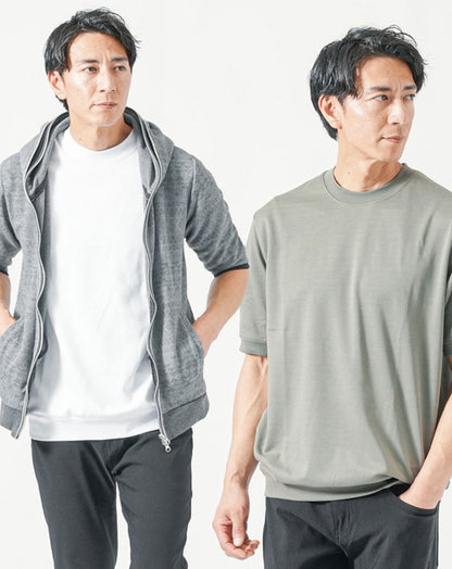 メンズ夏服トップス3点コーデセット　グレー5分袖パーカー×白半袖Tシャツ×半袖カーキTシャツ