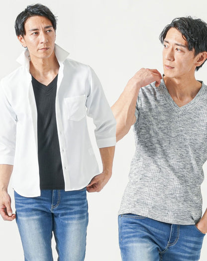 メンズ夏服トップス3点コーデセット　白7分袖シャツ×黒半袖Tシャツ×杢黒半袖Tシャツ