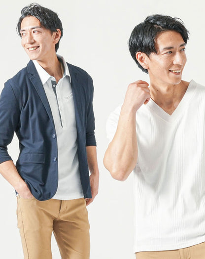 メンズ夏服トップス3点コーデセット　ネイビー7分袖テーラードジャケット×白7分袖ポロシャツ×白半袖Tシャツ