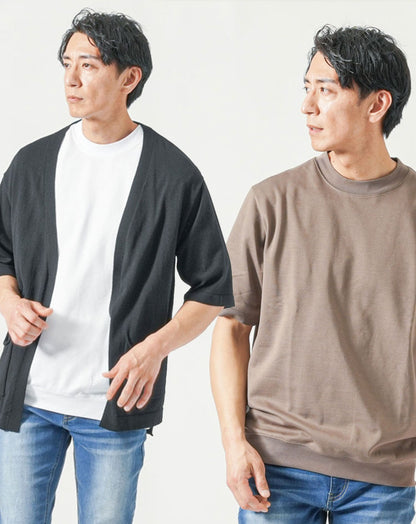 メンズ夏服トップス3点コーデセット　黒5分袖カーディガン×白半袖Tシャツ×キャメル半袖Tシャツ